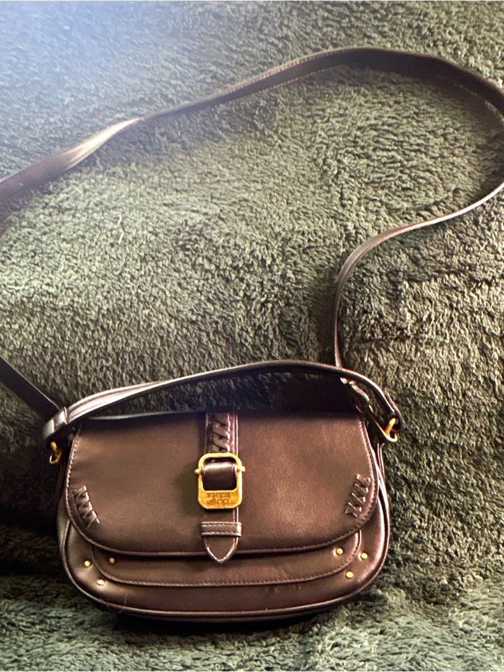 FRYE AND CO. Dark Brown Leather Crossbody with Gold Buckle